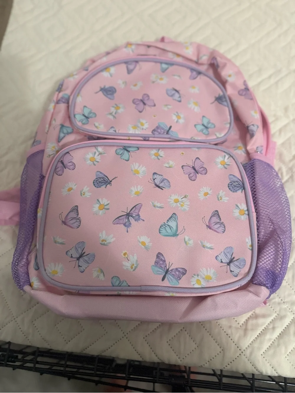 Pink Butterfly Print Kids Backpack with Daisy Accents